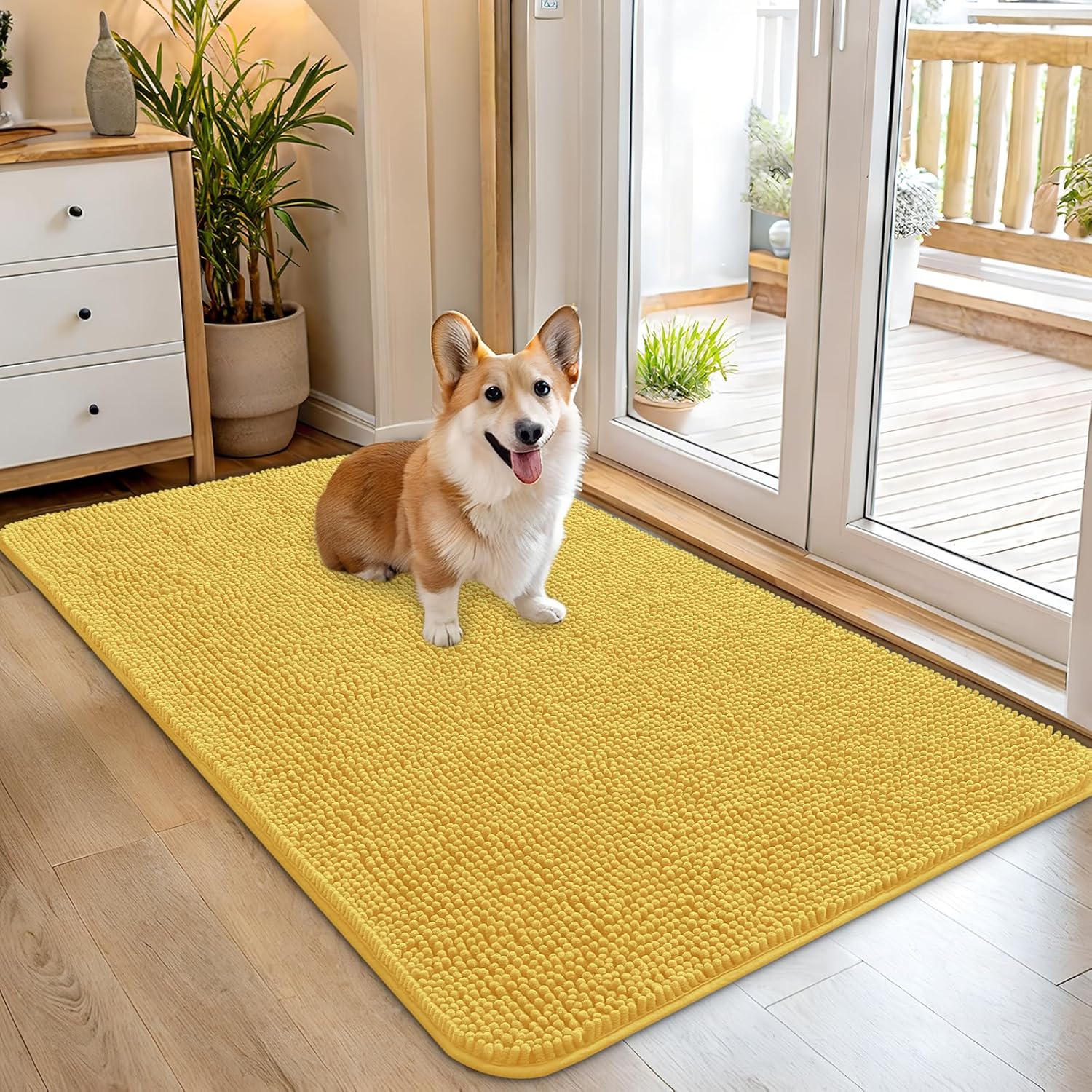 OLANLY Dog Door Mat - Absorbent Non-Slip Chenille for Muddy Paws | 45x27 Inches, Quick Dry, Yellow