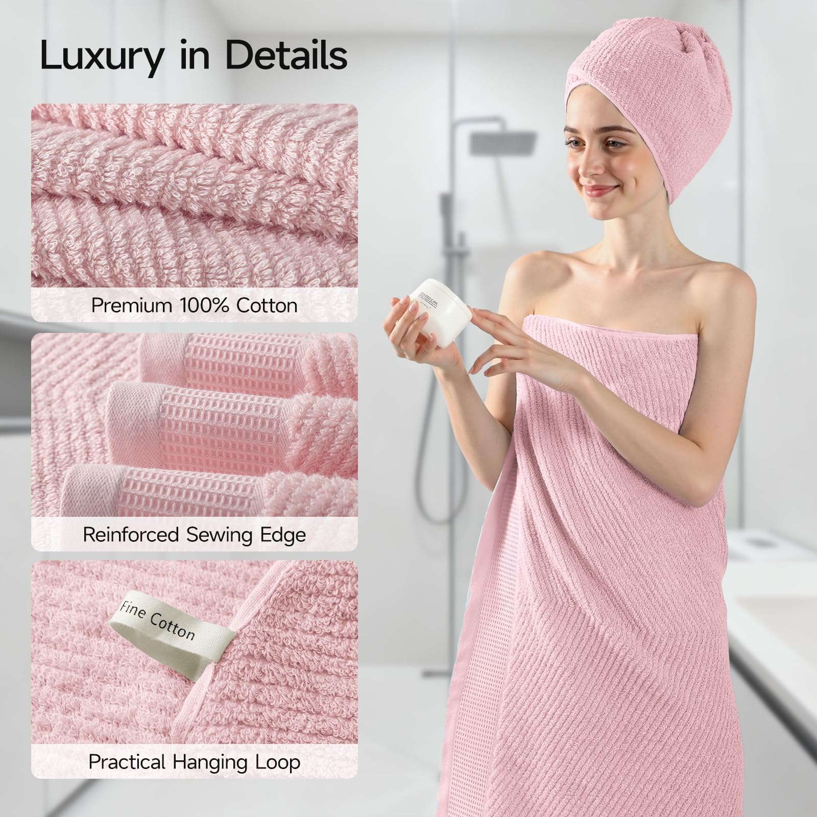 REDKISS Luxury 8-Piece Pink Towel Set, 2 Bath Towels, 2 Hand Towels, 4 Washcloths, 100% Cotton, Quick Dry, Highly Absorbent Towels for Bathroom, Gym, Hotel, Spa