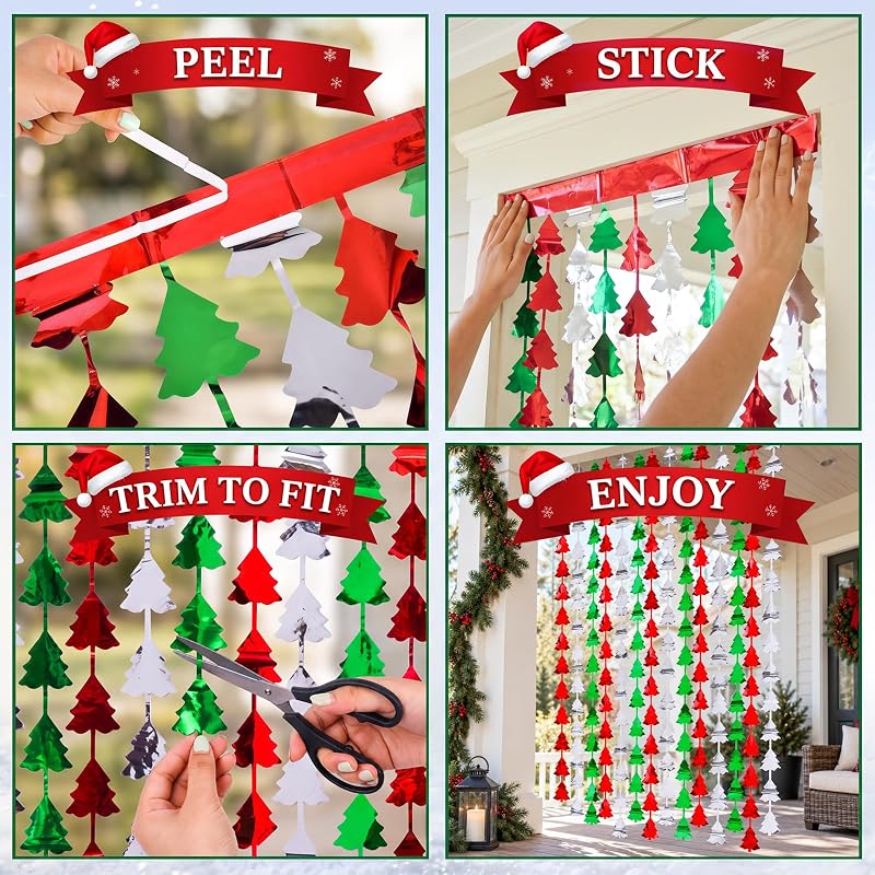 Mega-L 2 Pack Christmas Foil Fringe Curtains - 3.3 x 6.6 ft Tree Shaped Backdrop, Red-Silver-Green, Variation Red Silver Green+2 Pack