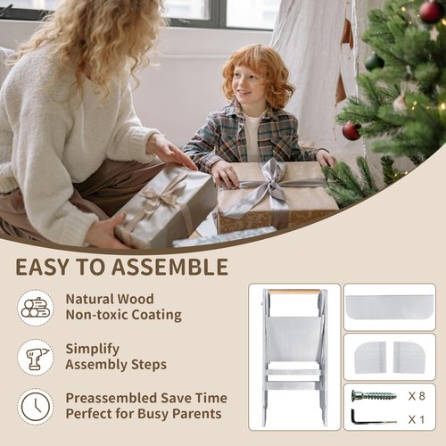 TDKDHoming Foldable Toddler Tower Preassembled Kitchen Stool, Folding Tower for Learning with 3 Adjustable Heights Montessori Toddler Standing Tower Collapsible Step Stool for Kids 1.5-6y，White