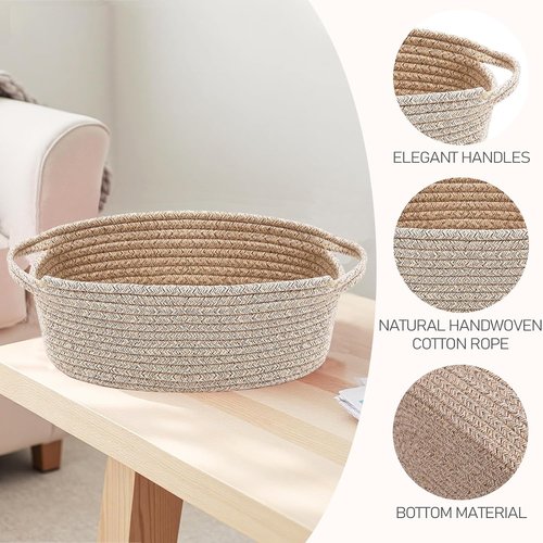 JMvicyroam Woven Basket - Small Rope Storage Bin with Handles for Organizing Shelves & Closets