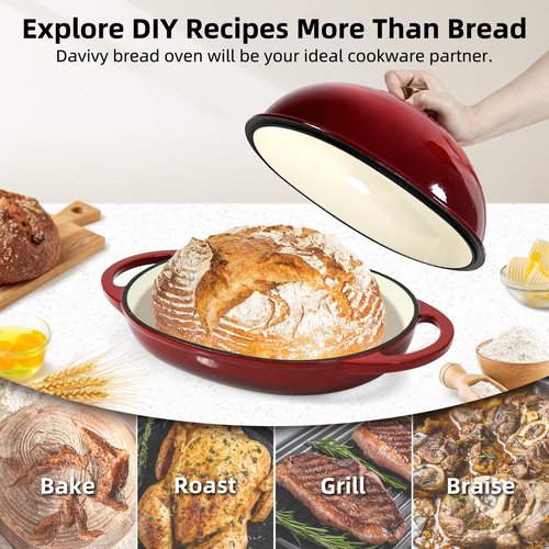 Davivy 6QT Oval Bread Dutch Oven with Silicone Baking Mat, Enameled Cast Iron Dutch Oven for Sourdough Bread Baking 6QT, Cast Iron Sourdough Bread Pan with Domed Lid - Ruby Red