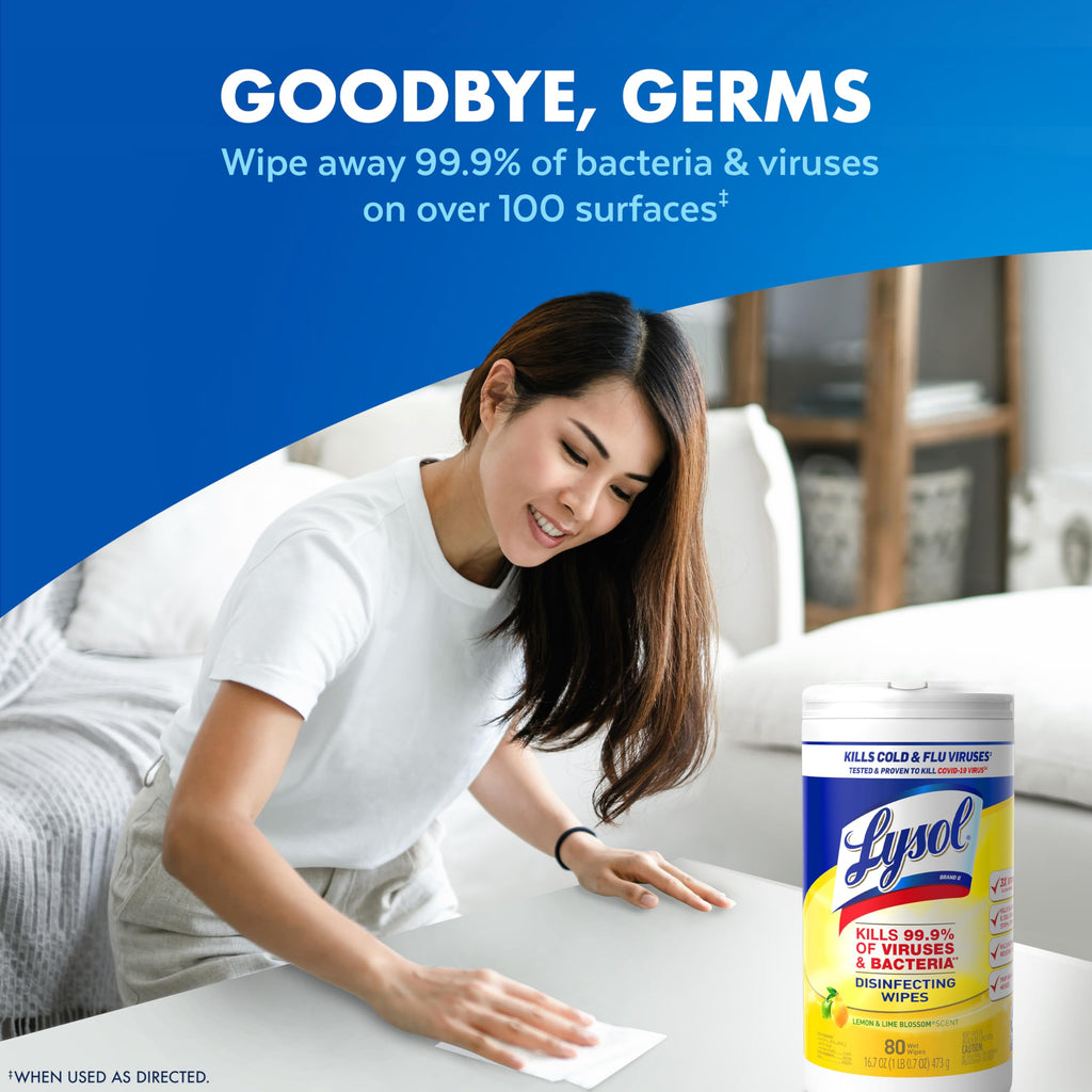 Lysol Disinfectant Wipes, Multi-Surface Antibacterial Cleaning Wipes, For Disinfecting and Cleaning, Lemon and Lime Blossom, Pack of 4
