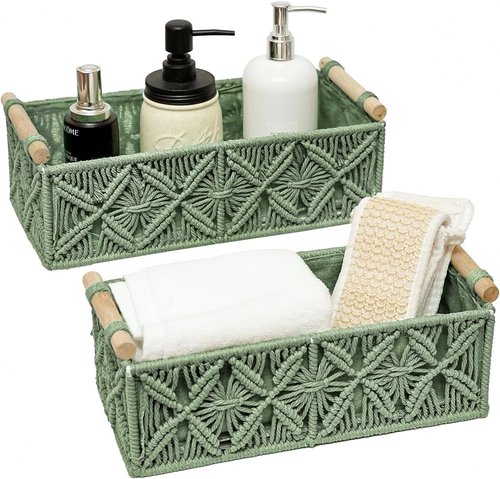 HOSROOME Macrame Decorative Baskets - Boho Organizing Baskets for Home Decor | Set of 2, Green