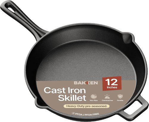 Bakken 12" Cast Iron Skillet - Pre-Seasoned Frying Pan for Even Heat Retention | Versatile for Stove, Oven & Grill