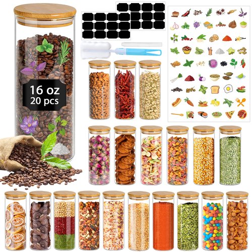 BGraceyy 16 oz 20 pcs Glass Jars with Bamboo Lids, Stackable Clear Food Storage Jars, Airtight Kichen Glass Pantry Storage Containers with Lids for Rice, Candy, Sugar, Flour, Nuts, Cookie, Spice