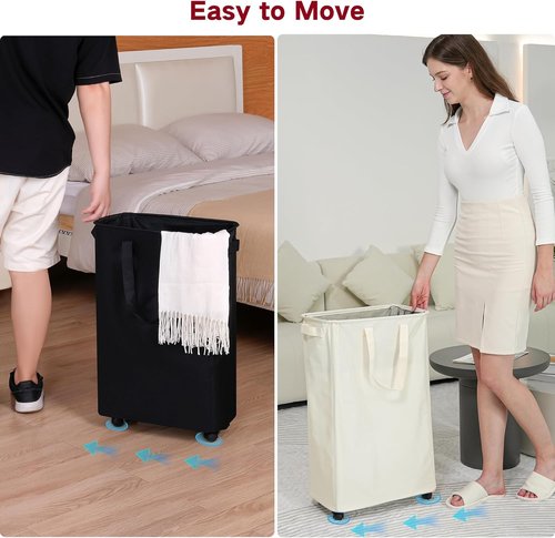 Efluky Slim Laundry Hamper - Rolling Laundry Basket with Wheels, 60L Capacity in Beige | Perfect for Bedroom & Dorm