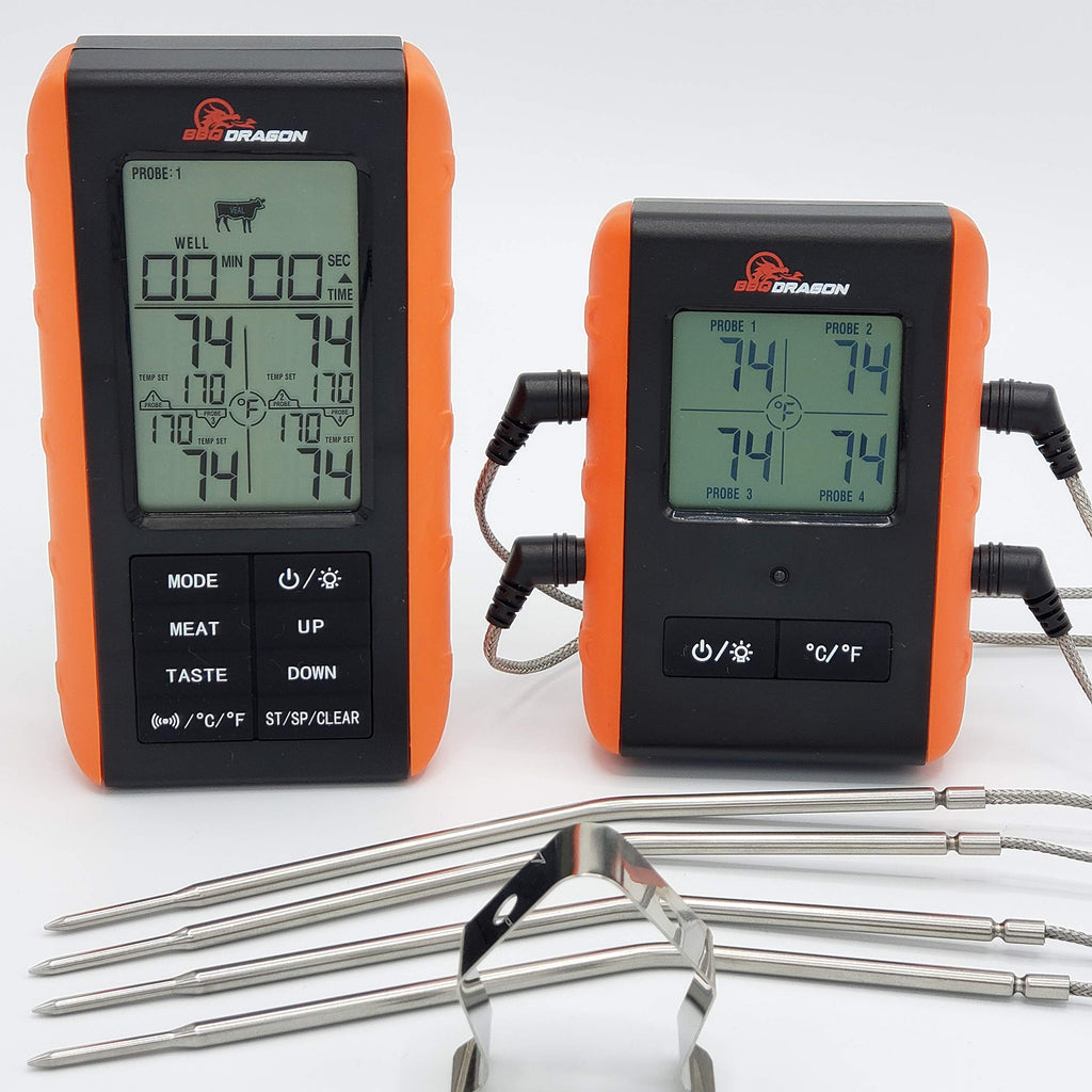 BBQ Dragon Wireless Digital Instant Read Thermometer - Food Thermometer for Cooking – Oven Safe Kitchen with 4 Probes - Meat thermometers for Smokers.