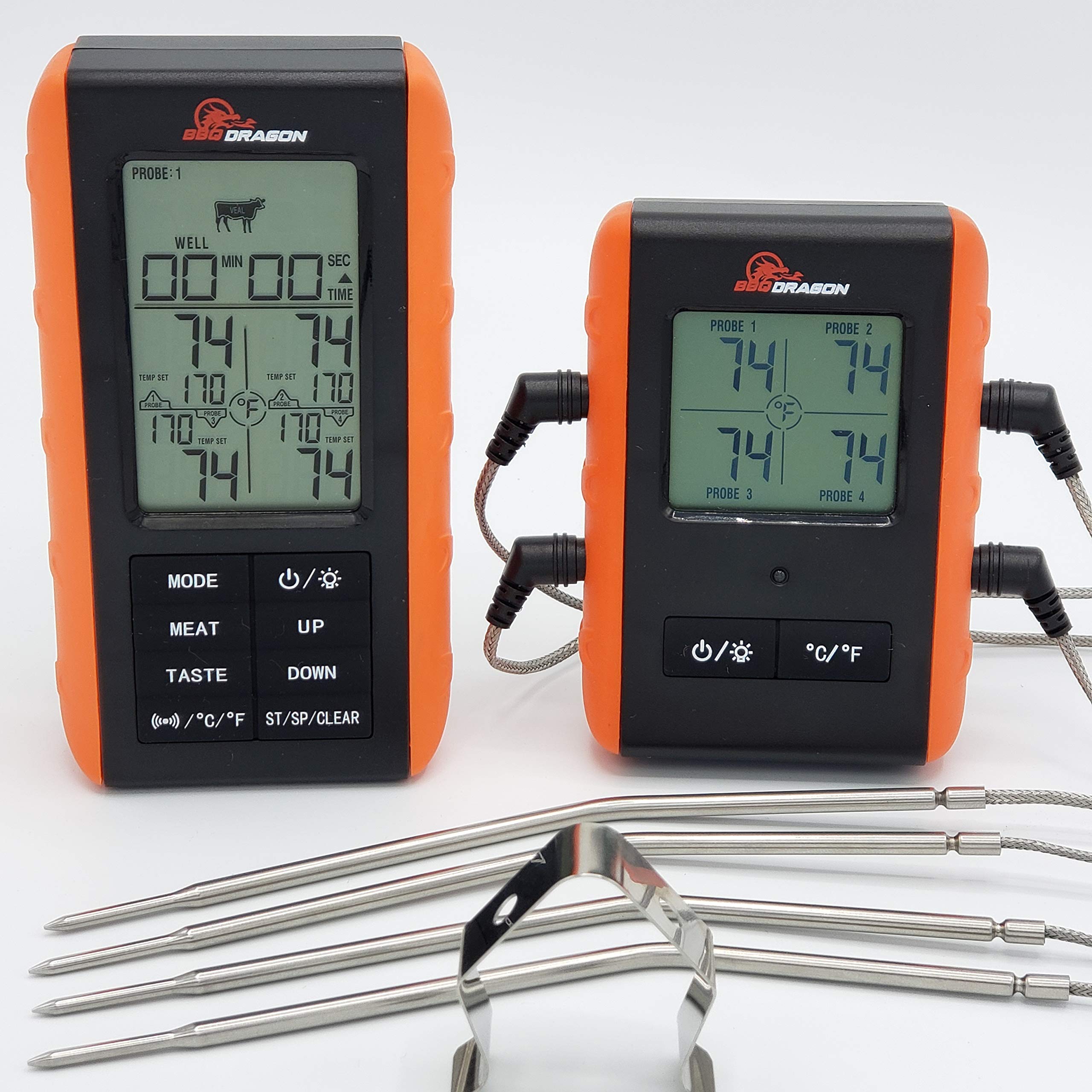 BBQ Dragon Wireless Digital Instant Read Thermometer - Food Thermometer for Cooking – Oven Safe Kitchen with 4 Probes - Meat thermometers for Smokers.