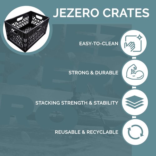JEZERO 24 Quart 2-Pack Heavy Duty Plastic Crate | Stackable Multi-Purpose Storage Bin for Garage, Home, Office, Groceries, Outdoor, Camping & Kayaking | Black Utility Tote, 19" x 13" x 11"