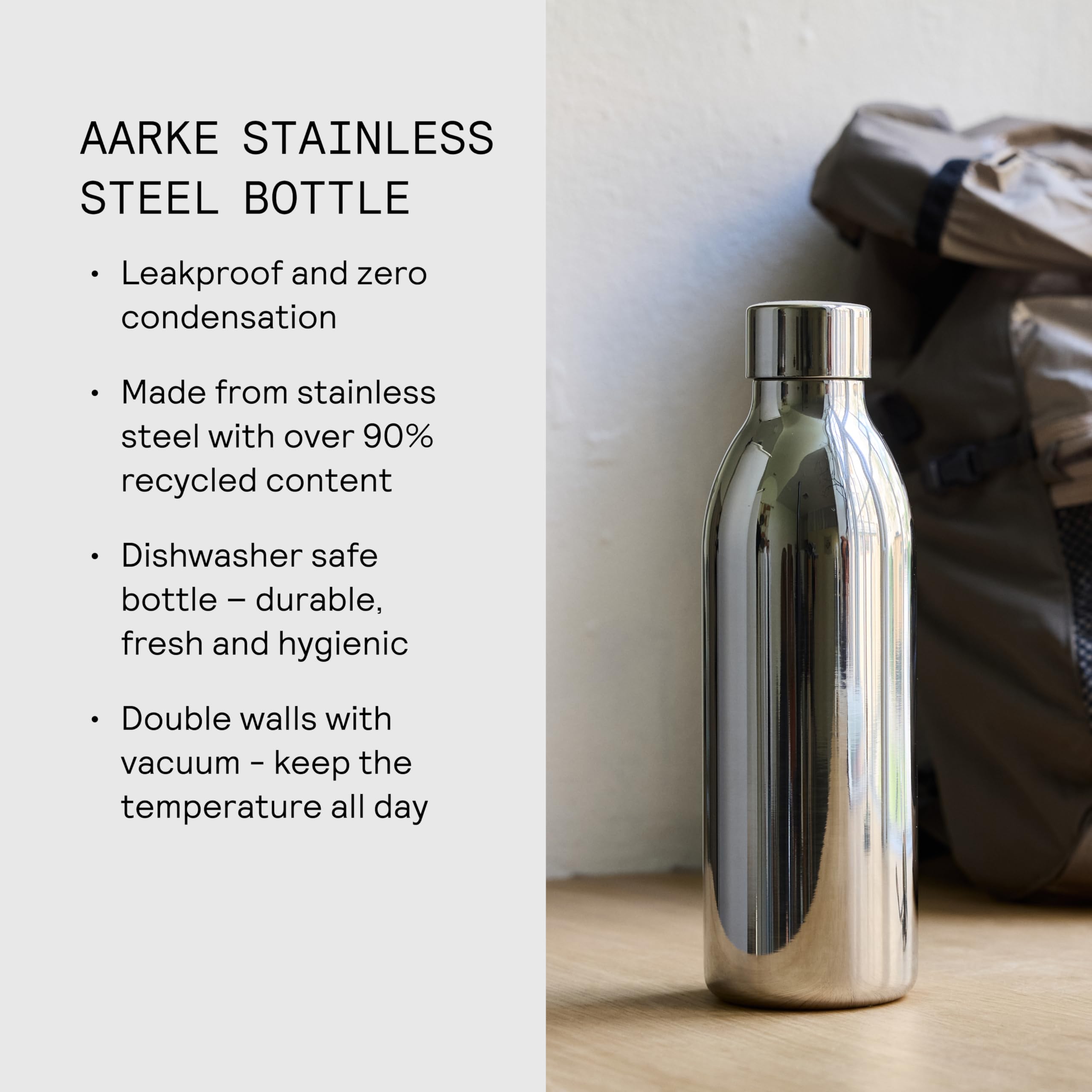 aarke To-Go Bottle - Stainless Steel Insulated Travel Water Bottle with Lid, Reusable 24 Hour Carbonation, Compatible with Only Carbonator 3, 650 mL/22 fl oz