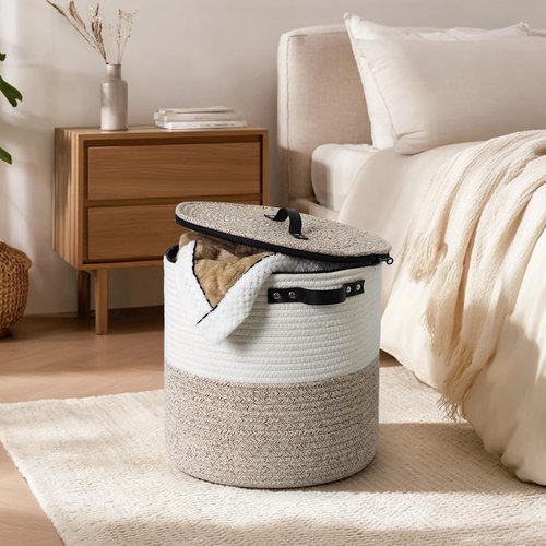 WILLITAT Storage Basket with Lid, 15"x13" Round Woven Blanket Storage for Living Room, Decorative Cotton Rope Hamper with Zipper Top, Wicker Basket with Lid, Floor Covered Kids Dog Toy Bin
