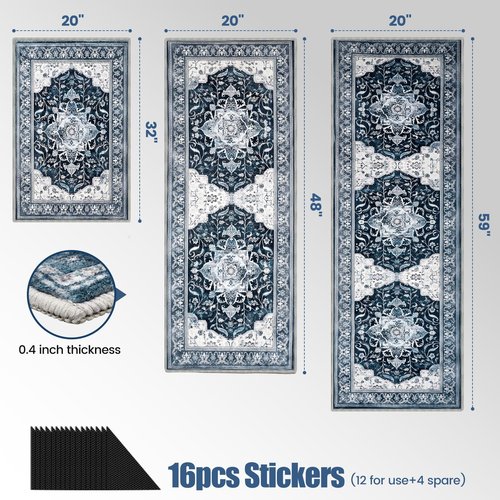 Kitchen Rug Set 3Pcs, Boho Rug Sets Non Slip Washable for Floor Thick Farmhouse Kitchen Decor Runner Rugs for Kitchen, Entryway，Laundry, Hallways 20''x32''+20''x48''+20''x59