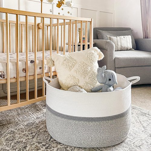 CHICVITA XXL Extra Large Cotton Rope Woven Basket with Handles, Throw Blanket Storage Basket, Decorative Clothes Hamper, 22" x 22" x 14", Gray