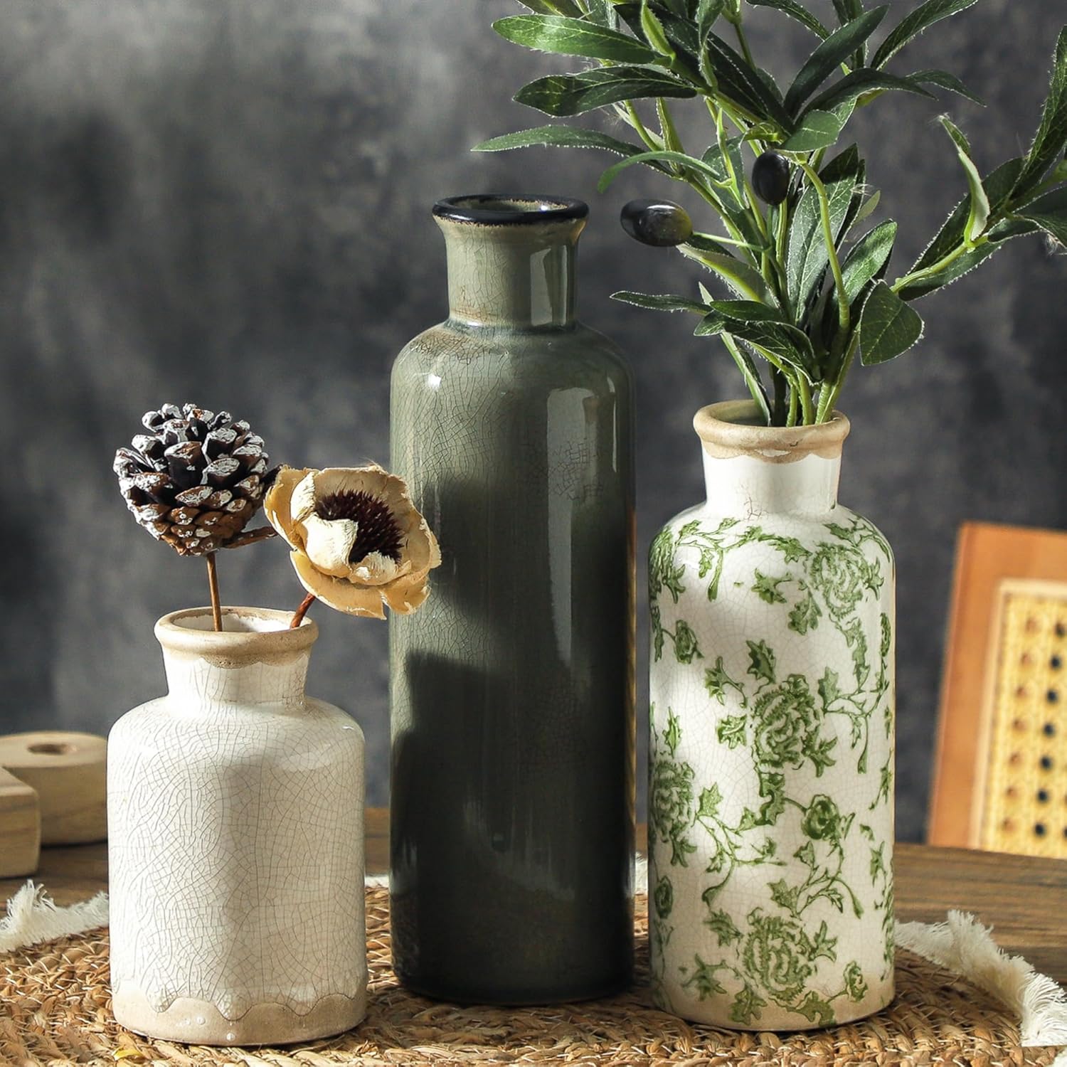 Skiennix Vintage Vase Set of 3 - Ceramic Chinoiserie Flower Vases for Rustic Home Decor | Green & Beige
