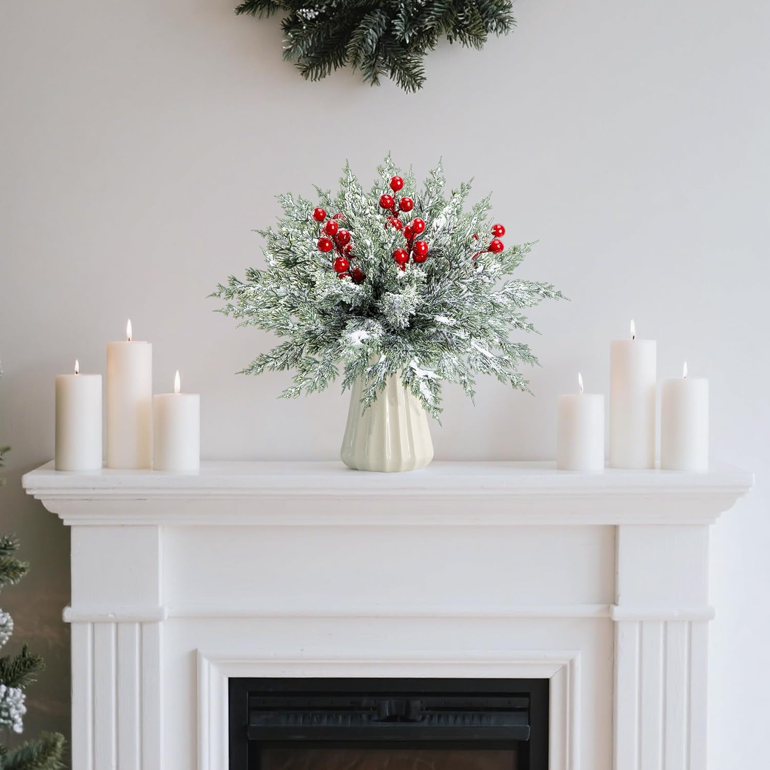 Skiennix 45 Pcs Artificial Christmas Snow Pine Branches - Snowy Faux Greenery with Red Berry Stems for Festive Home Decor