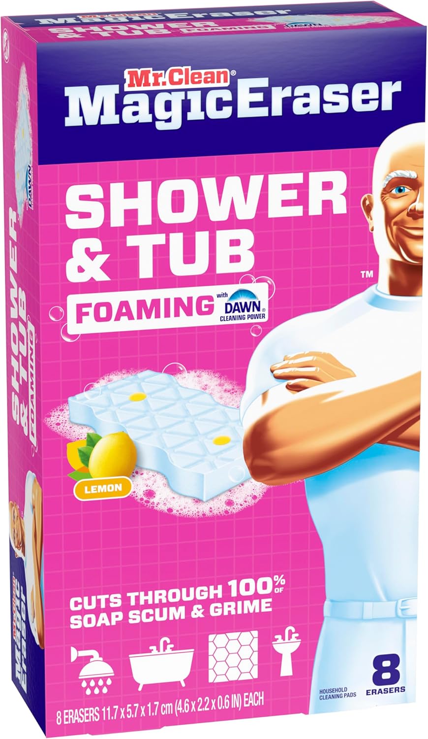 Mr. Clean Magic Eraser Sponge - Powerful Soap Scum Remover for Bathroom & Shower | 8 Count with Lemon Scent