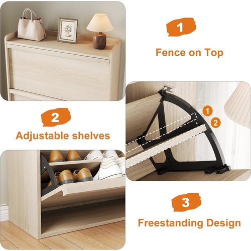 GarveeHome Shoe Cabinet with 3 Flip Drawers, Wooden Shoe Organizer Cabinet with Adjustable Shelf, Shoe Storage for Entryway, Hidden Shoe Cabinet for Hallway, Living Room, Natural Oak