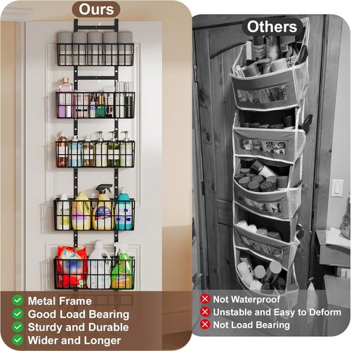 Hongtamoya Adjustable Over The Door Organizer - Metal Hanging Storage with 5 Baskets & 7 Hooks | Black