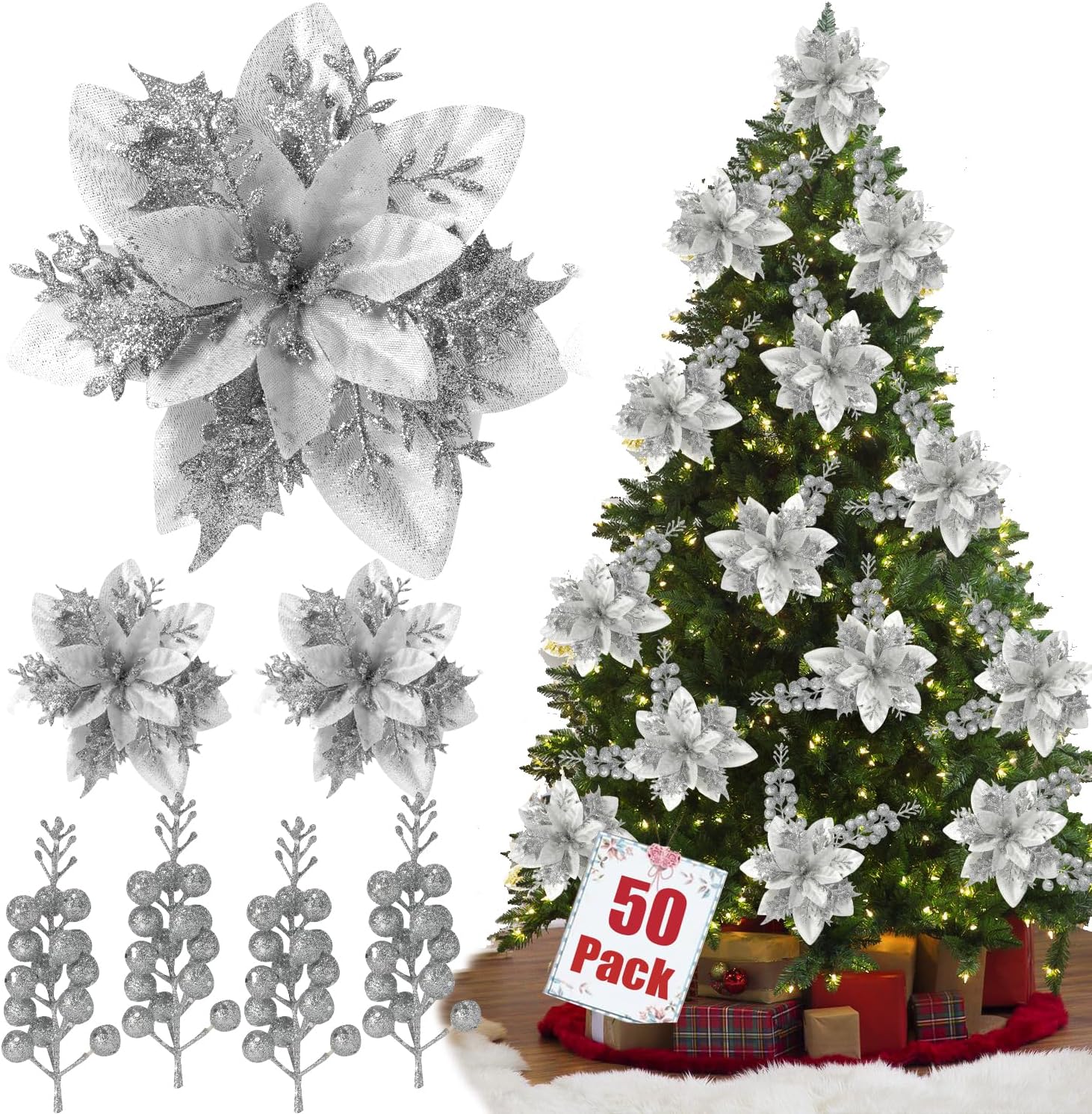 Trytuny Glitter Poinsettia Christmas Ornaments - 50pcs Artificial Flowers with Clips for DIY Wreaths | Silver