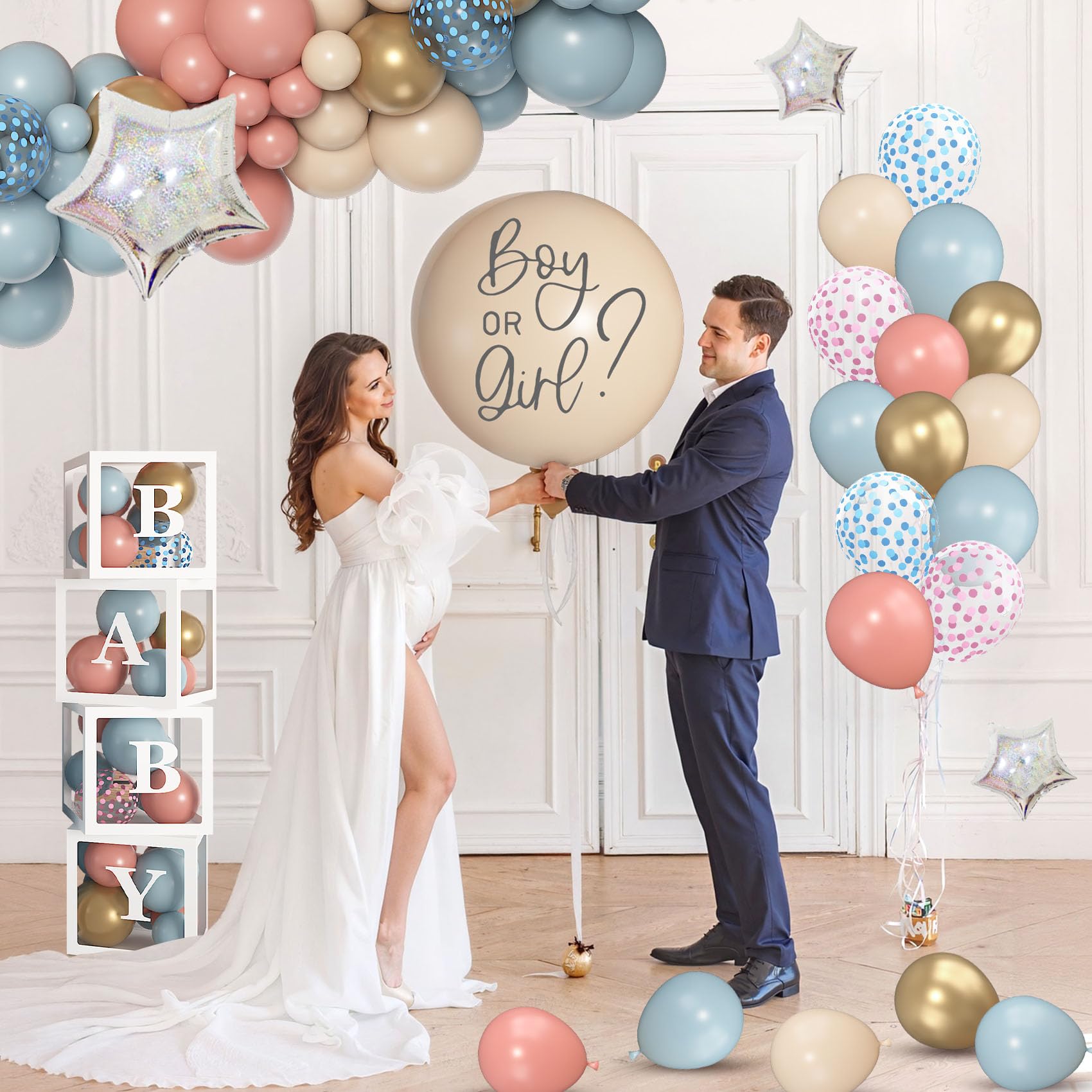 Amandir 164PCS Gender Reveal Balloon Boxes Decorations, Dusty Pink and Blue Balloon Garland Kit 4pcs Boxes with Letters (A-Z+ Baby) for Baby Shower Birthday Boy or Girl Gender Reveal Party Supplies