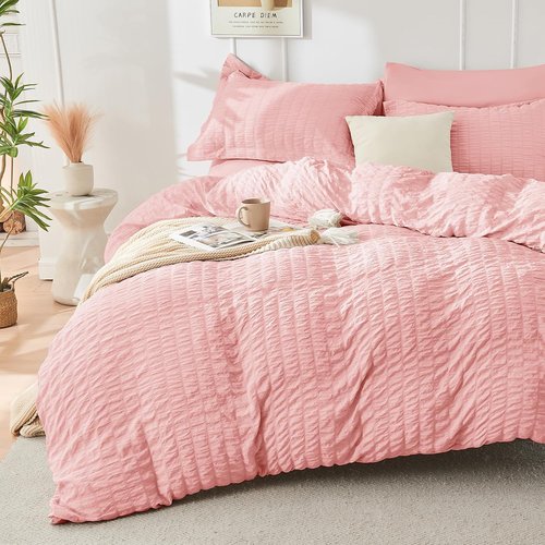HYMOKEGE Twin Comforter Set - Rose Pink Seersucker 5-Piece Luxury Bedding Set | All-Season Comforter, Sheets & Pillowcase