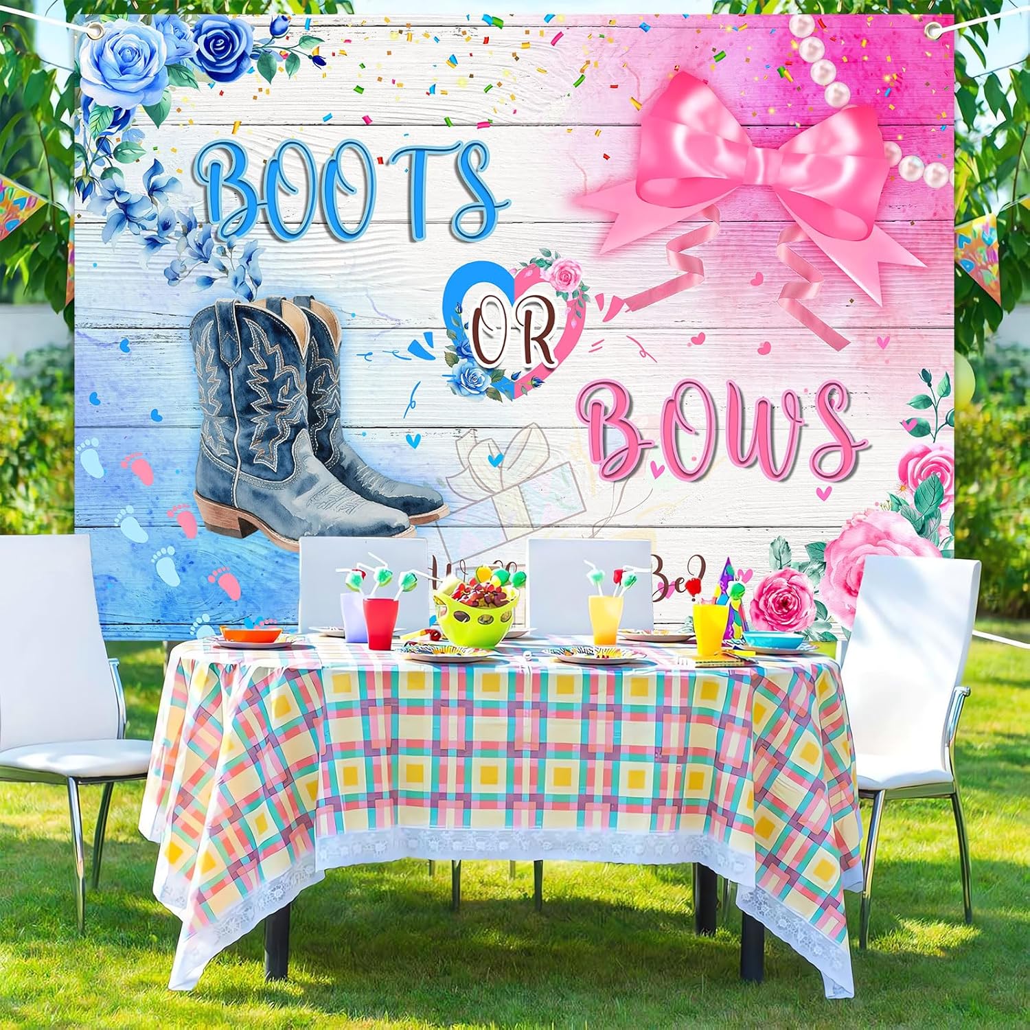 Skiennix Cowboy Boots & Bows Gender Reveal Backdrop - Rustic Wood Design | 7x5ft Photo Booth Banner