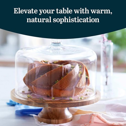 Libbey Acacia Wood Cake Stand - Footed Dessert Stand with Glass Dome Lid & Durable Ball Handle