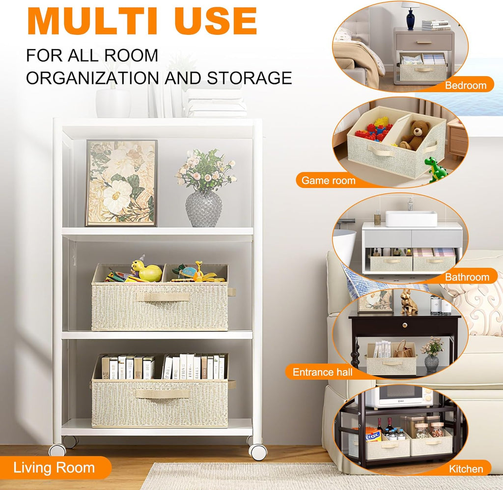 Closet Storage Bins - Large 6-Pack Organizer Baskets with Dividers & Handles | Collapsible Beige Fabric