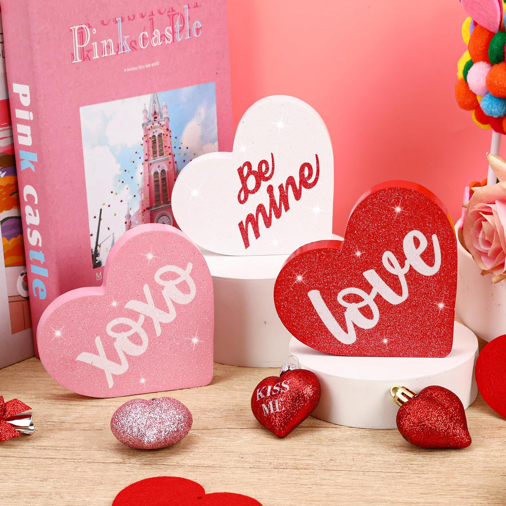 PETKNOWS Valentine's Day Wooden Heart Decor Set, Wooden Sign Set for Indoor Tabletop Decoration, Rustic Table Centerpiece for Home, Kitchen, Mantel Desk