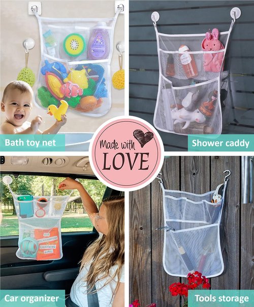 SLONSER Bath Toy Storage, Mesh Bath Tub Toys Holder, Quick Dry Net Bag for Bathtub, Shower Cubby Basket, Hanging Bathroom Organizer with 2 Suction Cups, 2 Adhesive Hooks, 14x20 Inch
