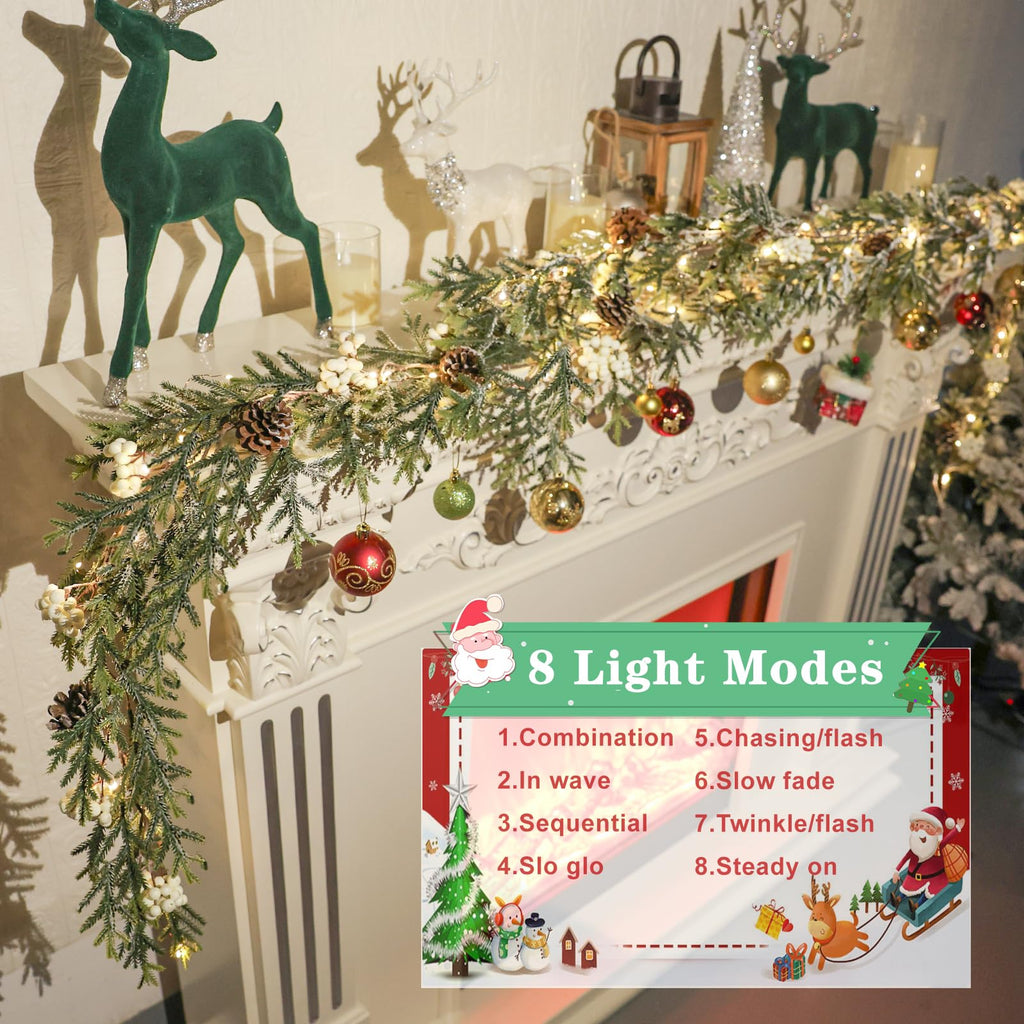 6FT Christmas Garland with Lights, Christmas Decorations Indoor Outdoor Pre-lit Artificial Pine Garland with Battery Operated Timer, Home Holiday Decor Flocked Garland for Mantel Window Stairs Wall