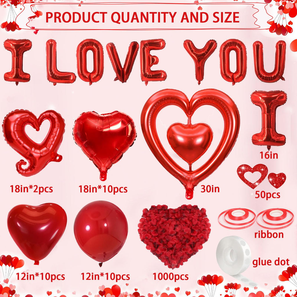 Valentines Day Decorations with Red I Love You Balloons and Fake Rose Petals for Wedding Bachelorette Party, Red Heart Balloons and Love Balloon for Anniversary Romantic Decorations