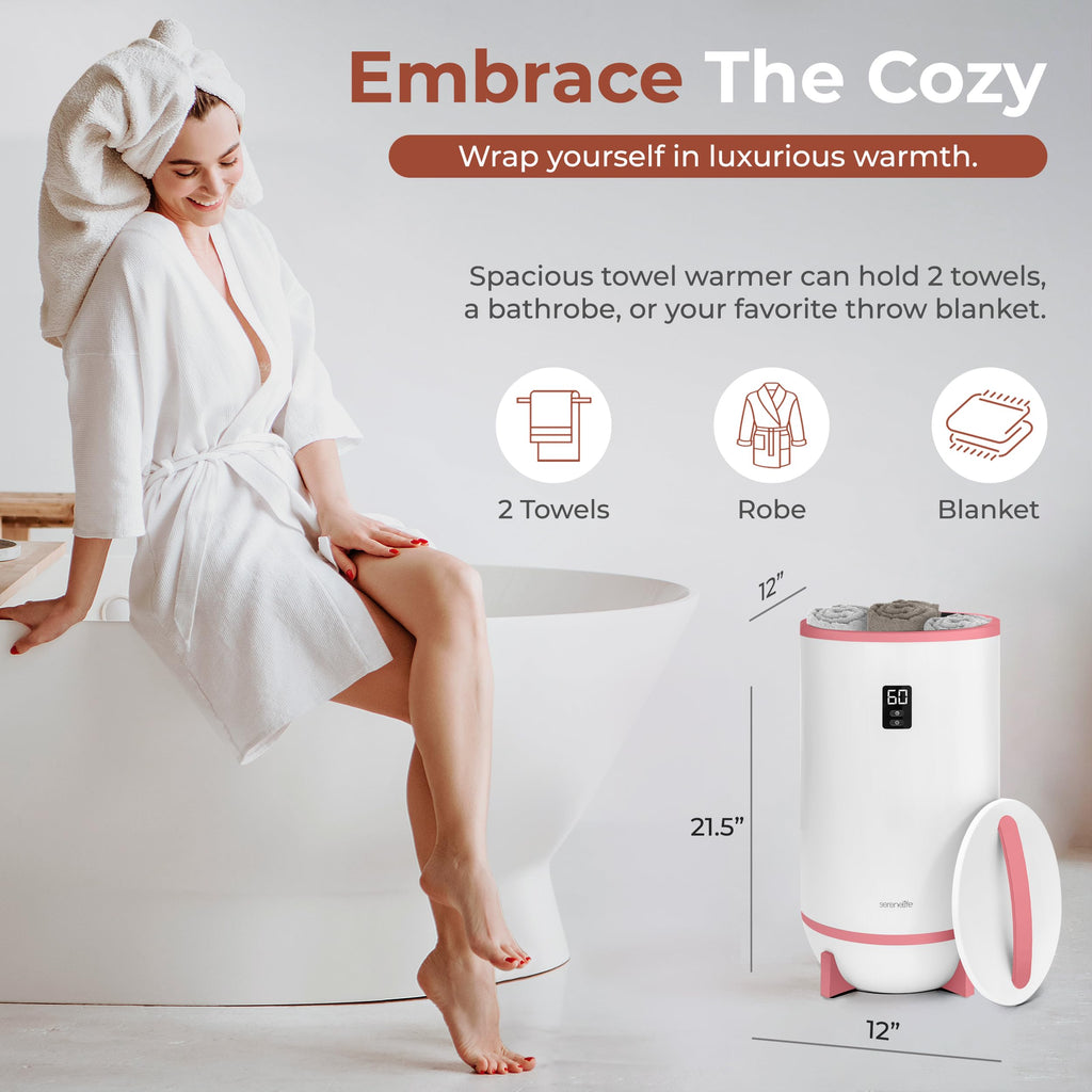 SereneLife Towel and Blanket Warmer - Single Touch Portable Towel Heater for Bathroom, Fragrant Disc Holder, LED Ring, 2 Large Towel Capacity, Built-in Timer (15-60 mins), Auto Shut-Off (Pink)