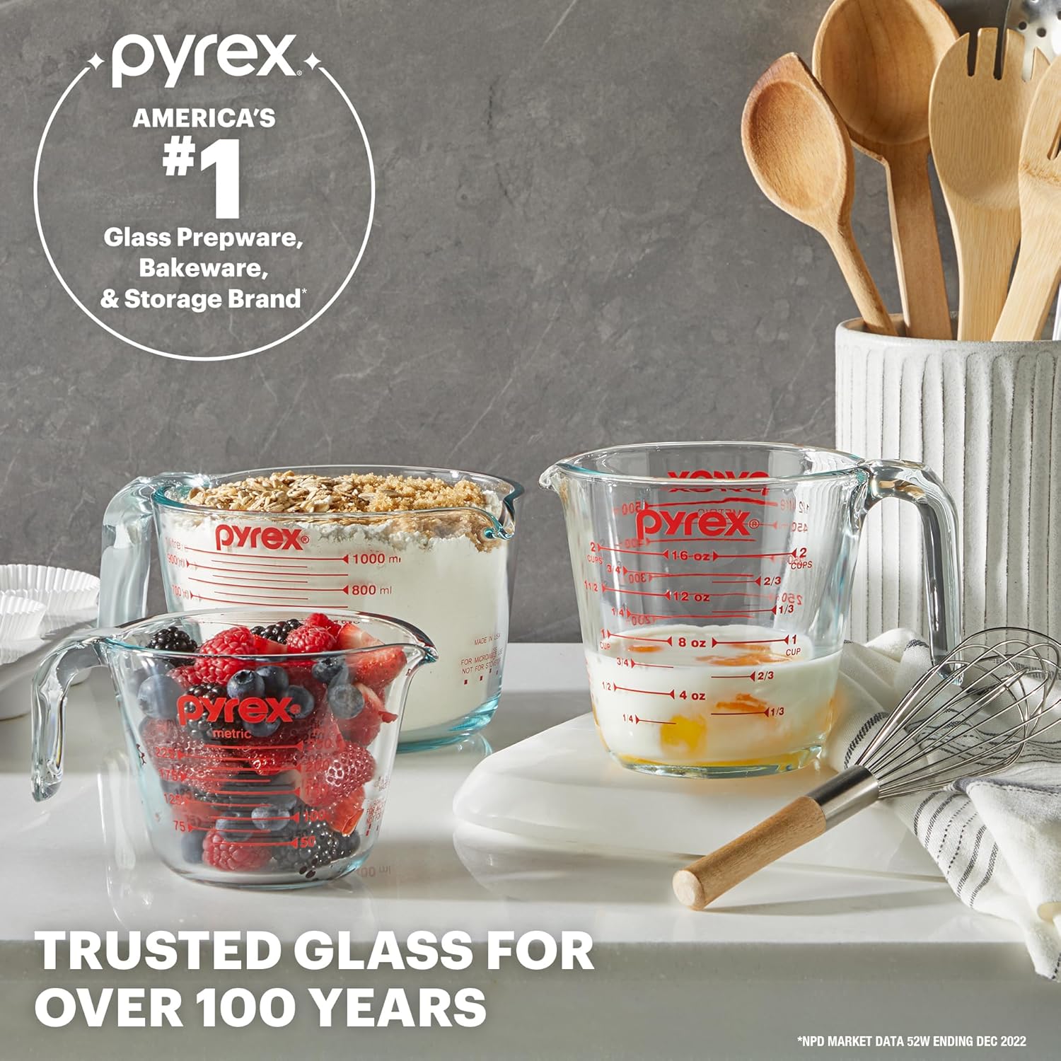 Pyrex Essentials Glass Measuring Cups Set - 3-Pack (1, 2 & 4 Cup) | Oven, Dishwasher & Microwave Safe