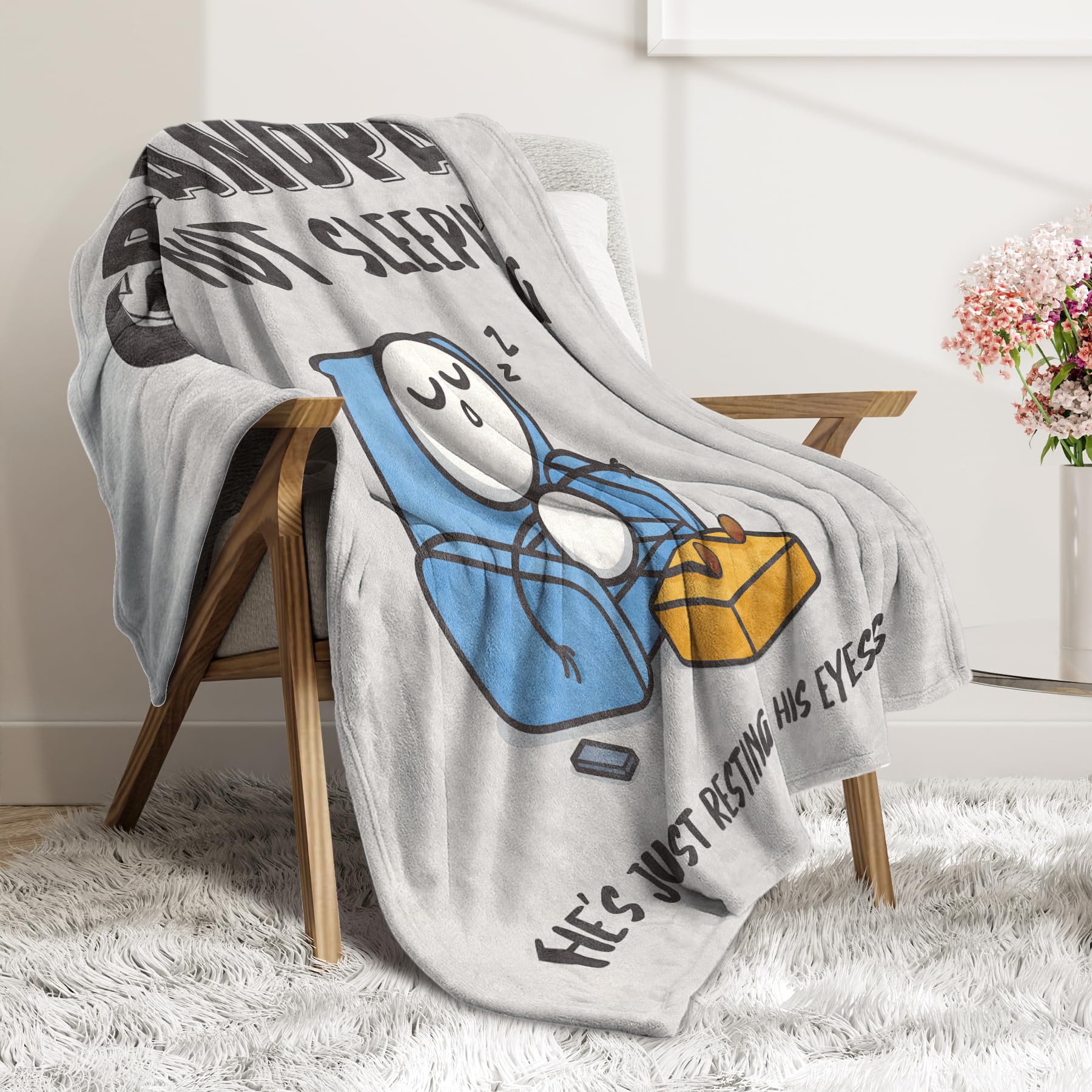 GoMelley Funny Fathers Day Grandpa Gifts, Grandpas Birthday Gift from Grandkids, Grandpa is Not Sleeping Blanket, Super Soft Throws Blanket for Napping, Promoted to Grandpas Gifts, 60" x 50"(Gray)