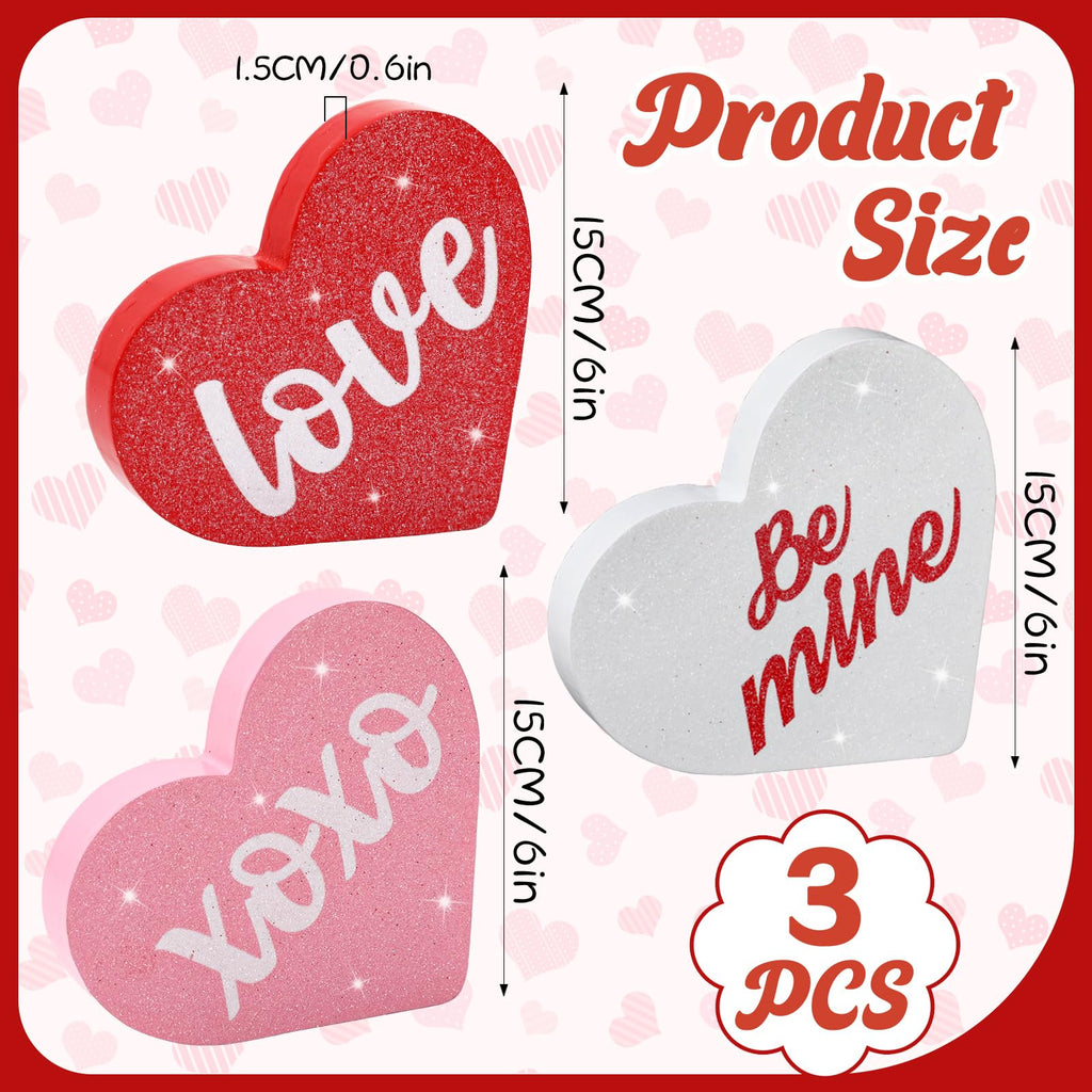 PETKNOWS Valentine's Day Wooden Heart Decor Set, Wooden Sign Set for Indoor Tabletop Decoration, Rustic Table Centerpiece for Home, Kitchen, Mantel Desk
