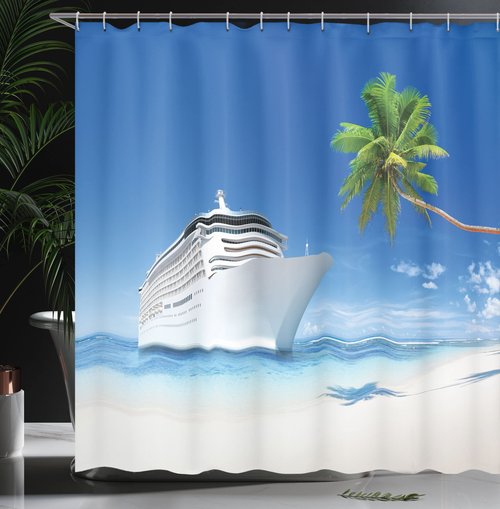 Ambesonne Travel Shower Curtain, Palm Trees by The Coastline on a Sandy Beach and Ship Nature Sunny Day Exotic Journey Seascape, Cloth Fabric Bathroom Set with Hooks, 69" W x 70" L, Blue Green White