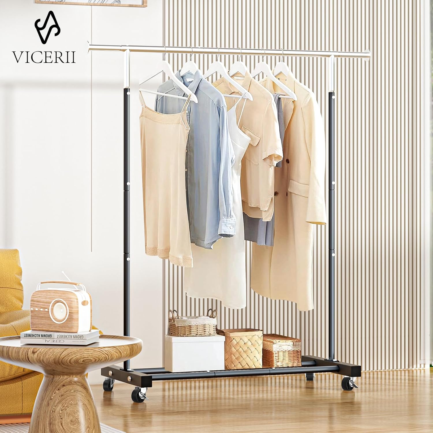 VICERII Heavy Duty Rolling Clothes Rack - 55.51 Inch Garment Rack with Wheels & Bottom Shelf | 130LB Capacity, Black