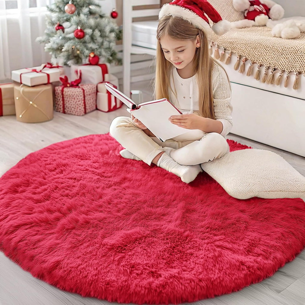 OLANLY Red Round Rug - Soft & Fluffy 4 ft Circle Area Rug for Bedroom, Living Room & Nursery Decor