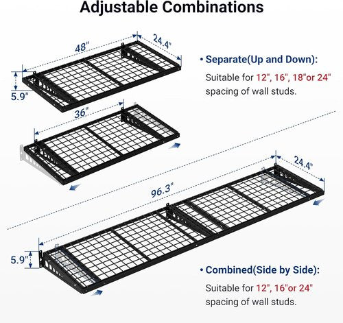 FLEXIMOUNTS Heavy Duty Bike Wall Shelving Rack - 2 Pack 24x48 Inch, 660lbs Capacity, Black | Pro Series