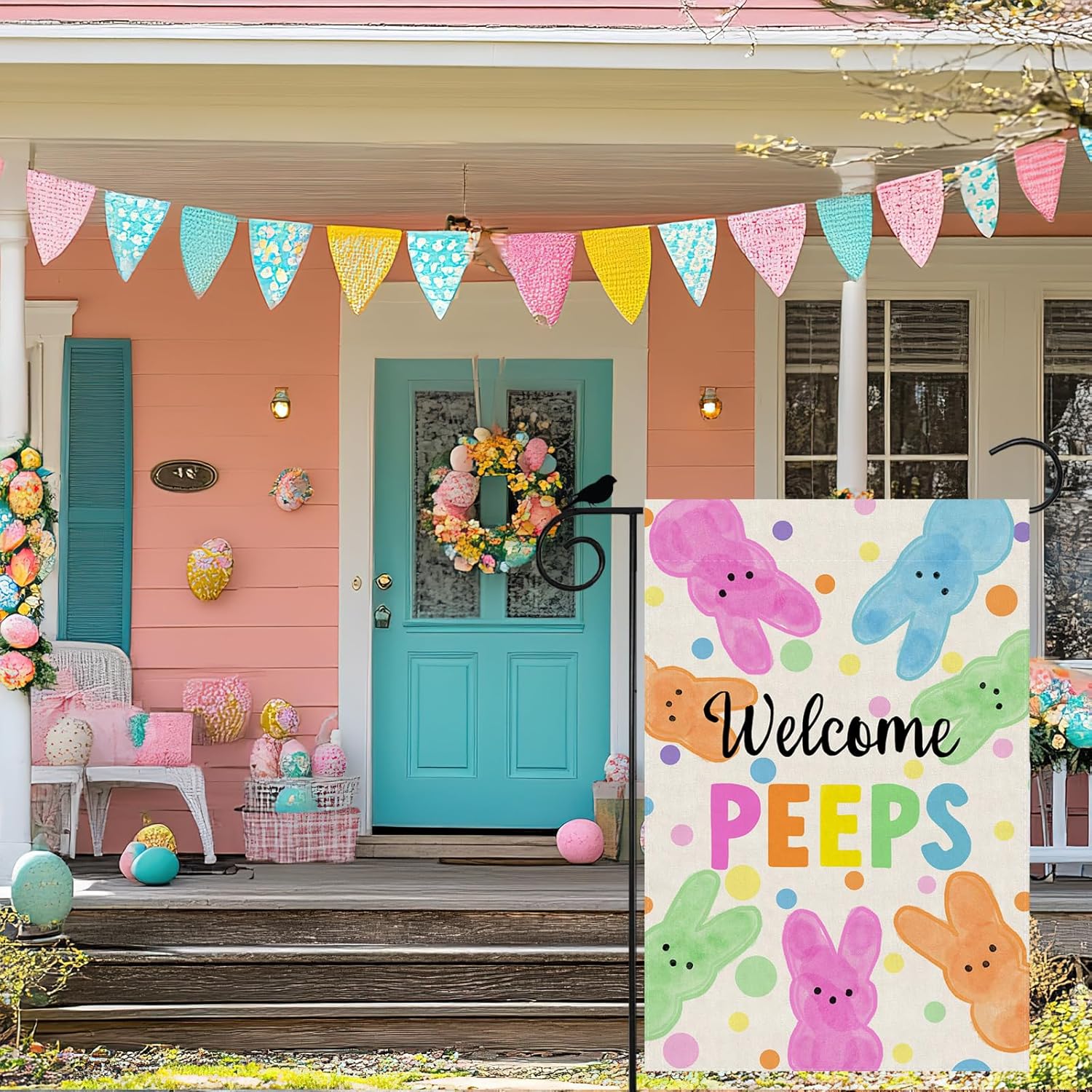 Welcome Easter Garden Flag - Colorful Dots Cute Bunny Watercolor Design | 12x18 Inch Double-Sided