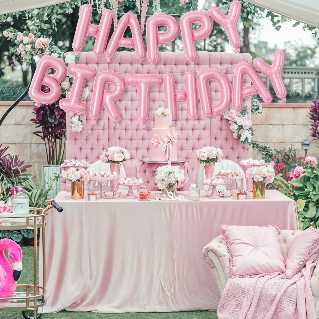 Skiennix Pink Happy Birthday Balloon Banner - 16 Inch Pastel Pearl Mylar Foil Balloons for Girls' Party Decor