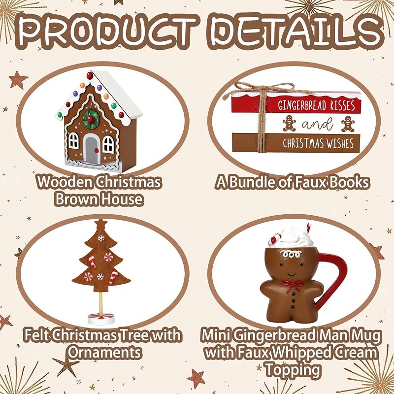 Gingerbread Christmas Decorations 8-Piece Tiered Tray Decor Set - Gingerbread Xmas Variation