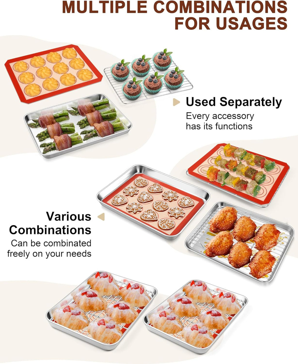 TeamFar Stainless Steel Toaster Oven Tray Set - 9.3 Inch Baking Sheets with Cooling Racks & Silicone Mats, Non-Toxic, Easy Clean