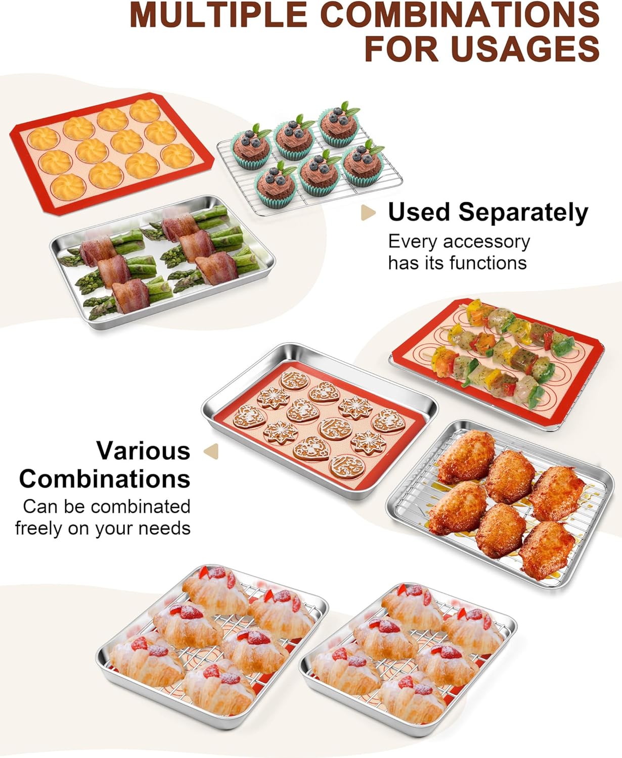 TeamFar Stainless Steel Toaster Oven Tray Set - 9.3 Inch Baking Sheets with Cooling Racks & Silicone Mats, Non-Toxic, Easy Clean