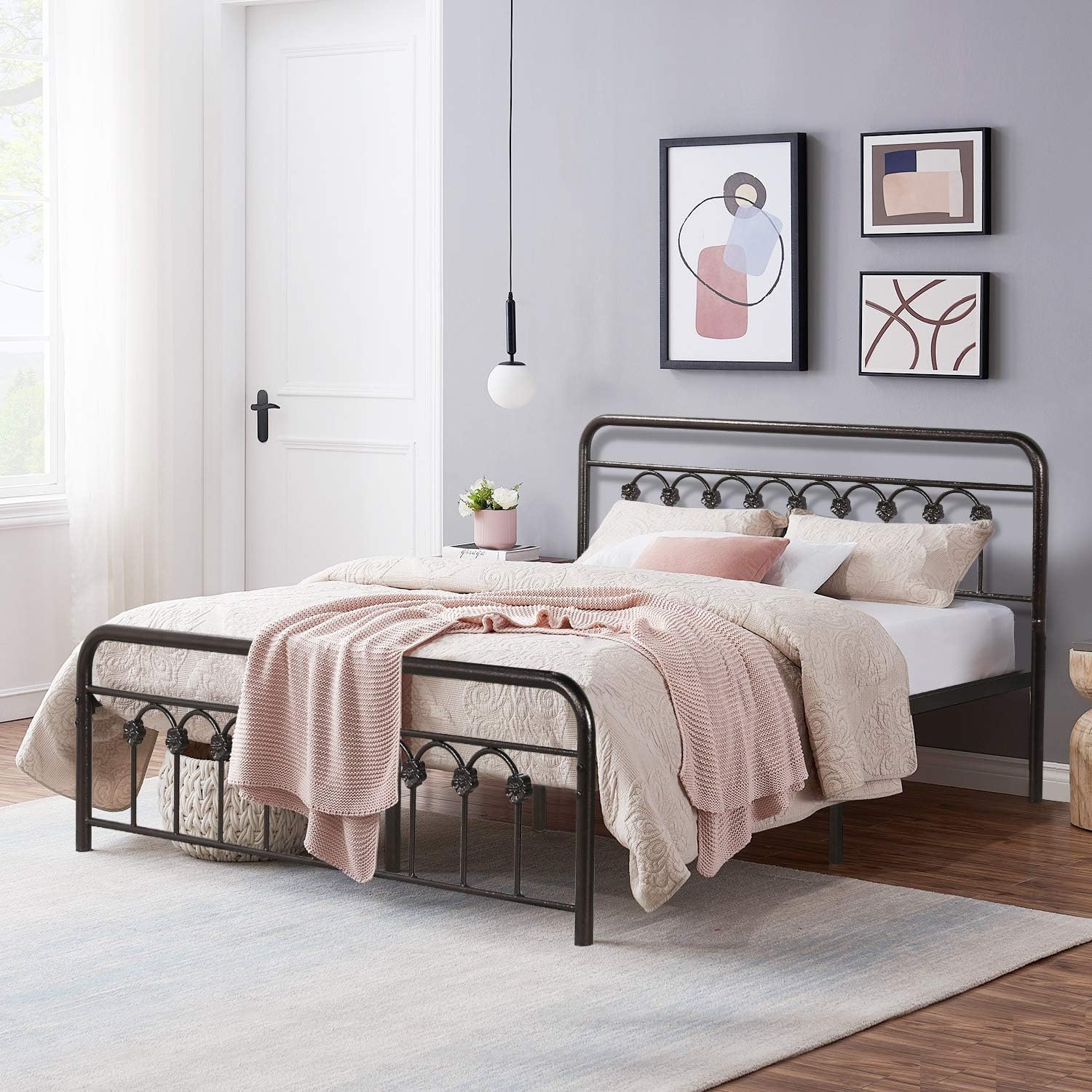 VECELO Full Size Metal Platform Bed Frame with Headboard and Footboard, Mattress Foundation with Steel Slat Support/No Box Spring Needed/Easy Assembly, Dark Copper