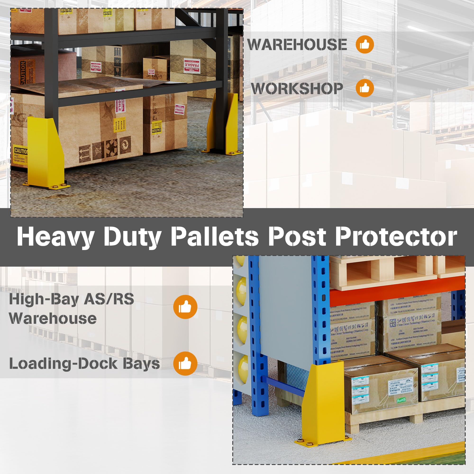 Nisorpa Pallet Rack Post Protectors, 12" Pallet Racking Guards with Hardware U Shape Safety Yellow Pallet Edge Protectors Set of 2