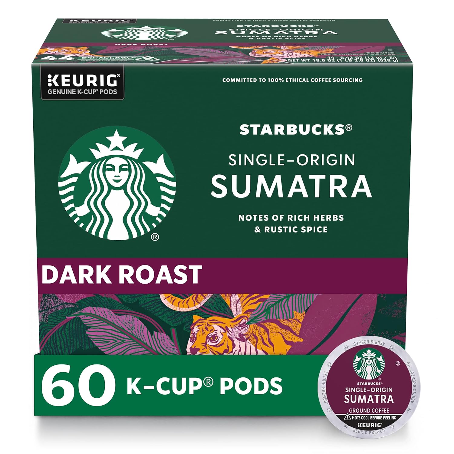 Starbucks K-Cup Coffee Pods - Dark Roast Sumatra, 100% Arabica, 60 Pods Total for Keurig Brewers