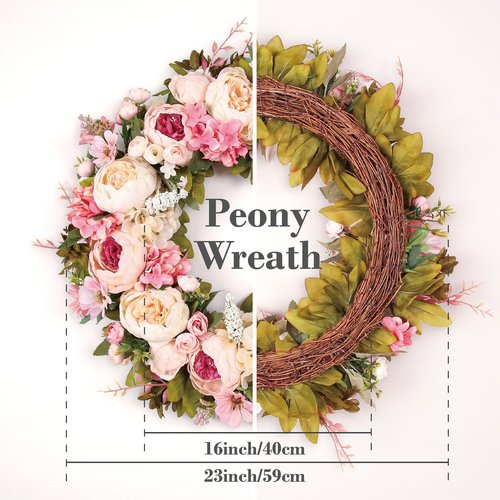 Peony Wreath 23'' Spring Wreaths for Front Door, Artificial Large Floral Wreath for Front Door Wall Decor, Valentine’s Day Home Wedding Housewarming Gift EZsenses (Light Pink)
